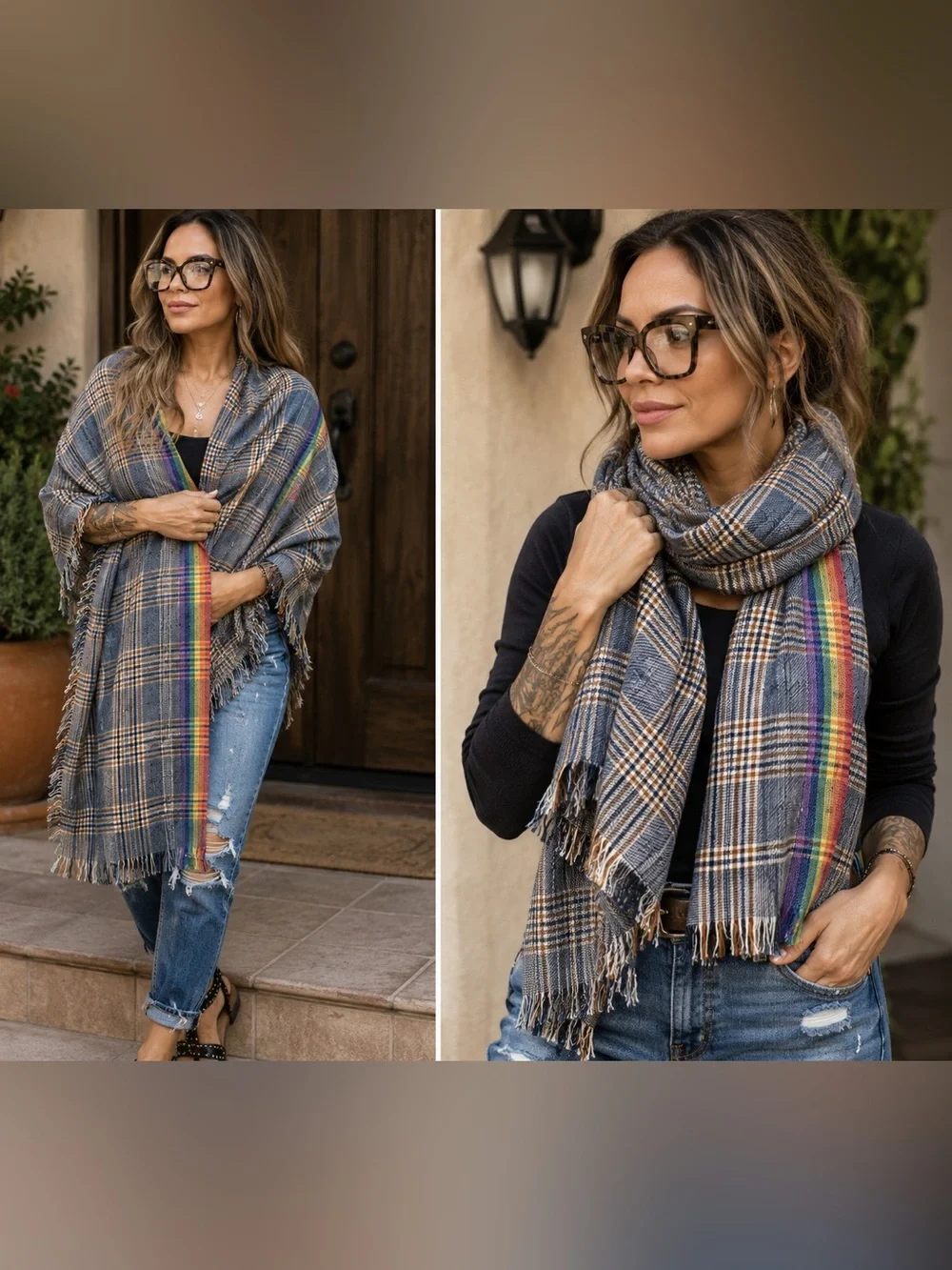 Plaid Rainbow Stripe Oversized Wrap / Scarf